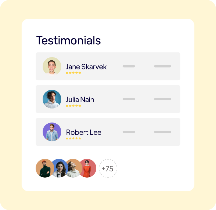 User interface showing a testimonials section with three users each with a profile picture and five-star rating, plus a row of five circular profile images and a label indicating 75 more users.