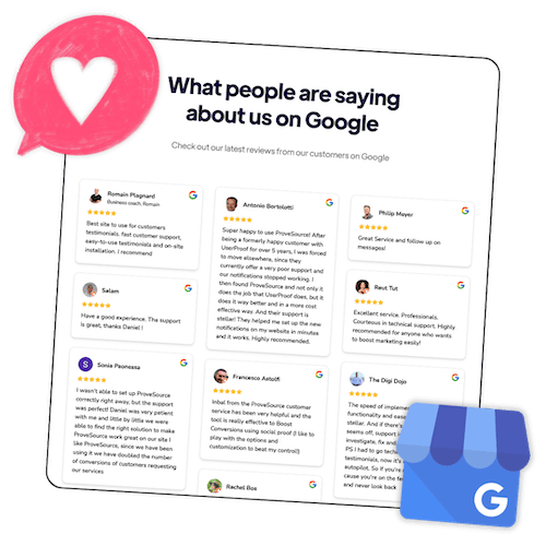 A pink speech bubble with a heart icon floats above a webpage displaying Google reviews in an embedded Google Reviews widget. The page shows Google Reviews with star ratings, profile pictures, review text, and a google logo that links to the original Google Review on the Google Business page in Google Maps. The Google My Business logo is hovering on the bottom left corner.