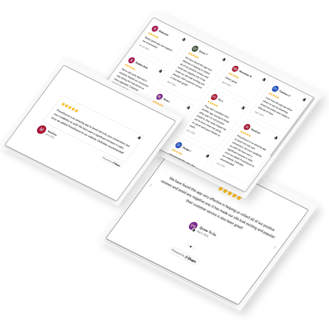 Google reviews are displayed on review widgets of various layouts, such as a grid review widget, single review widget, and review carousel widget. These Google Review widgets are showcasing star ratings and written feedback.